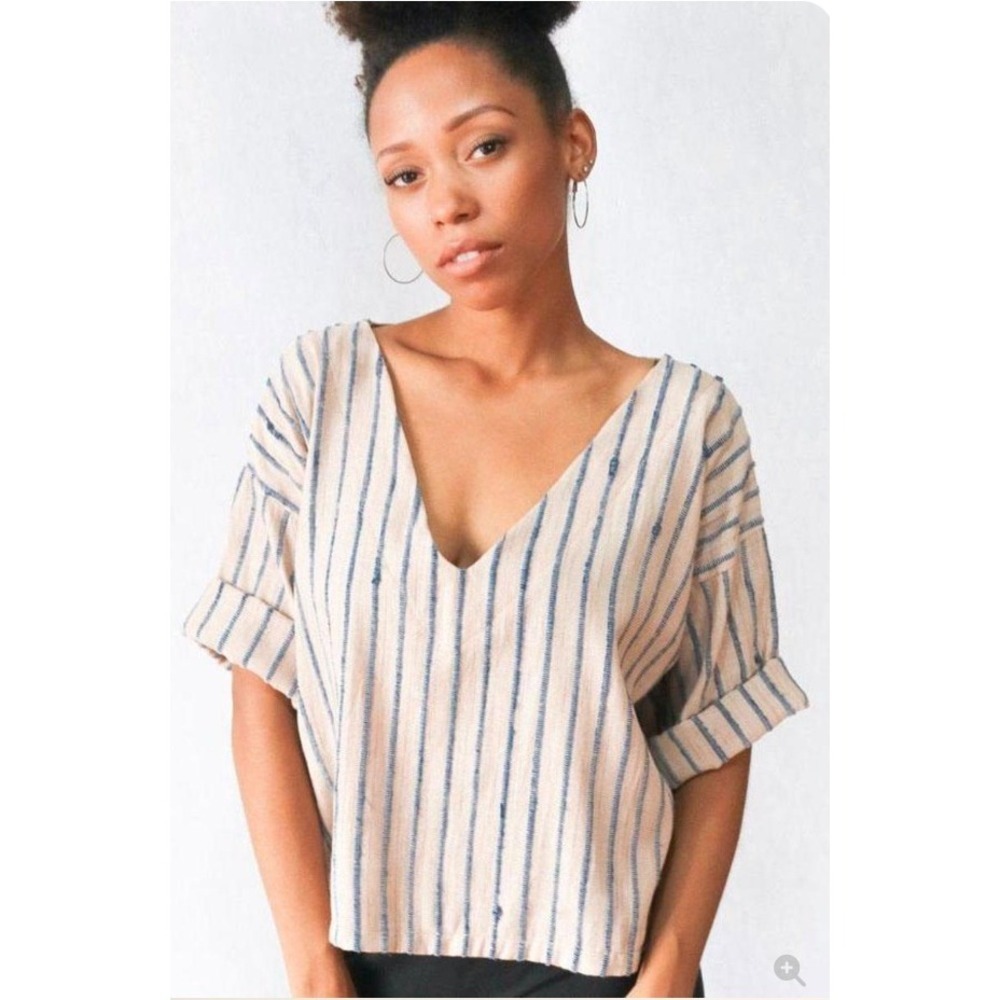 Tonle Striped V-Neck Boxy Crop Top Tan Blue Sustainable Recycled Fabric Medium